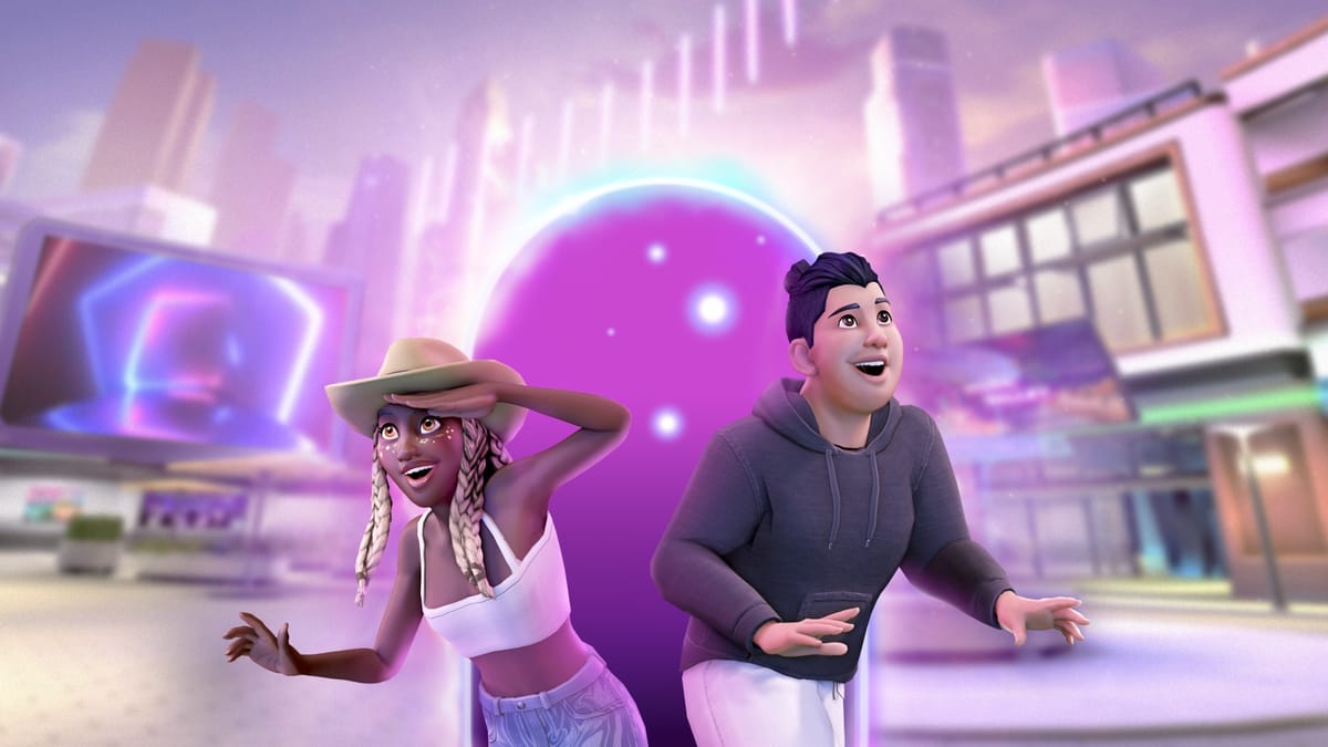 Horizon Worlds screenshot with two avatars staring off-camera in awe. They are emerging from an oval purple portal